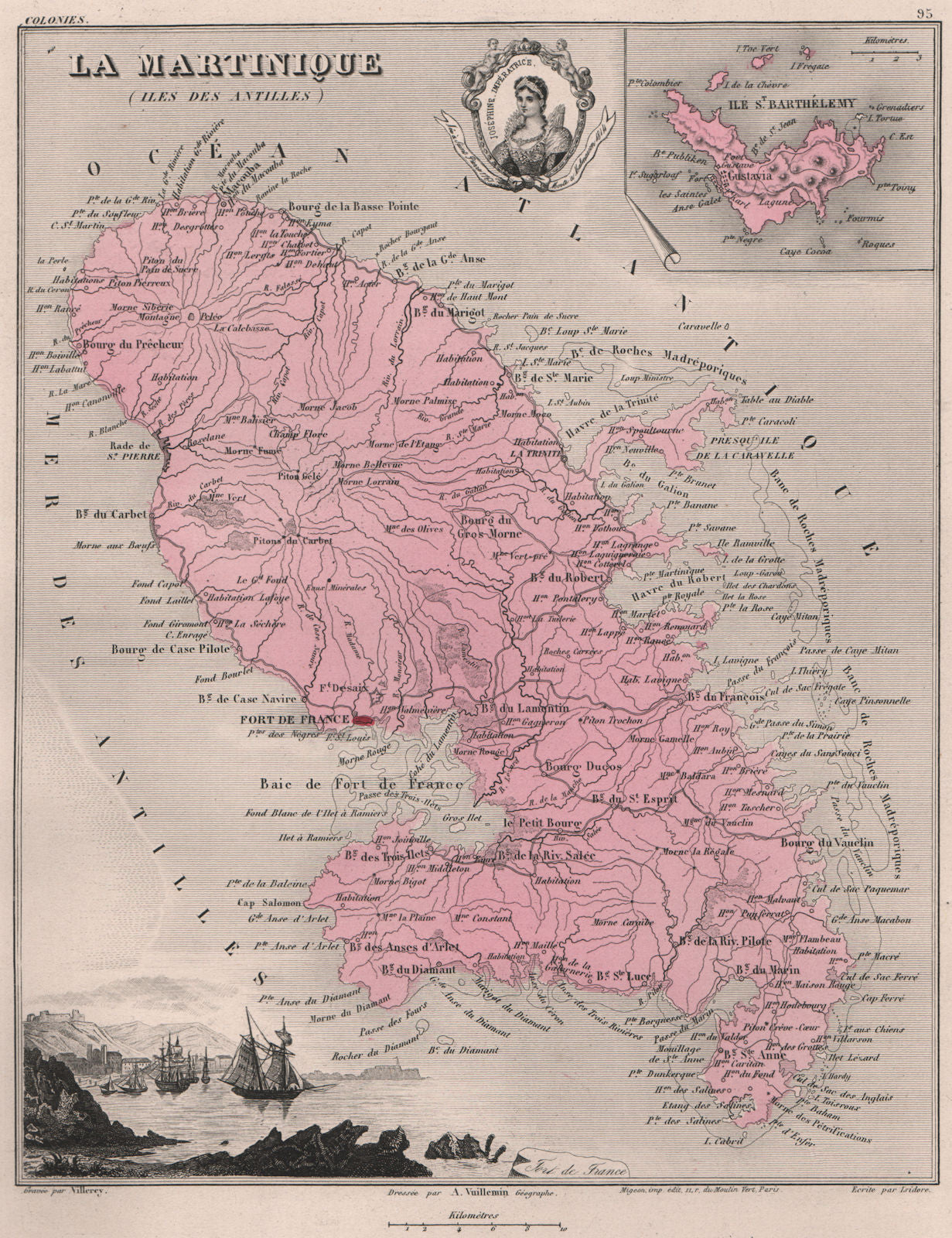 MARTINIQUE/ST BARTHELEMY. Antilles Fort-de-France Joséphine. VUILLEMIN 1879 map